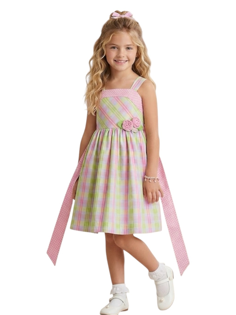 Bonnie Jean Nordstrom Kids Pink Green Plaid Dress Corsage Size 10